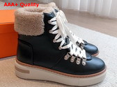Hermes Flocon Ankle Boot Noir Ecru Calfskin with Shearling and Rubber Sole Replica
