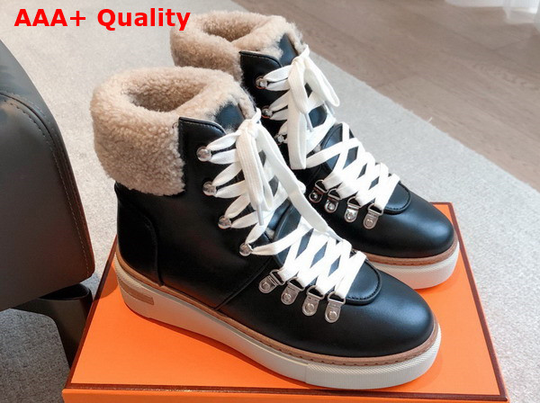 Hermes Flocon Ankle Boot Noir Ecru Calfskin with Shearling and Rubber Sole Replica