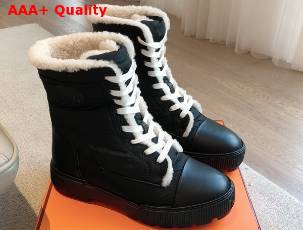 Hermes Fresh Ankle Boot in Parachute Fabric and Calfskin with Shearling Lining Noir and Ecru Replica
