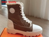 Hermes Fresh Ankle Boot in Parachute Fabric and Calfskin with Shearling Lining Tan Blanc and Ecru Replica