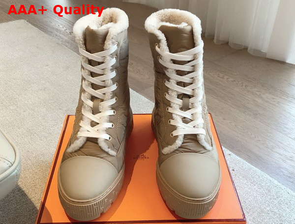 Hermes Fresh Ankle Boot in Parachute Fabric and Calfskin with Shearling Lining Tan and Ecru Replica