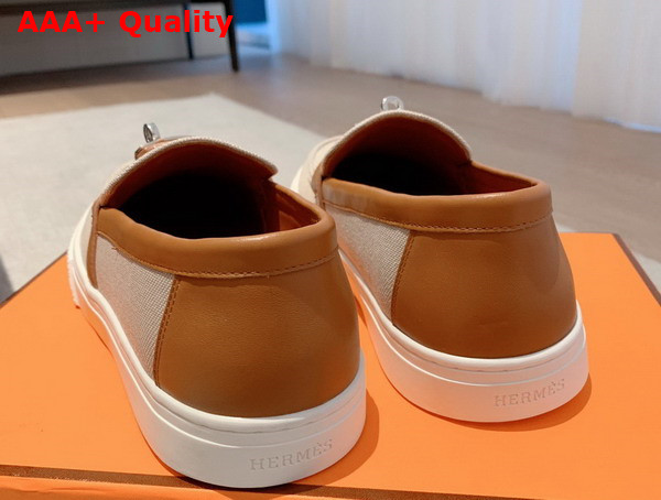 Hermes Game Slip On Sneaker Beige and Tan Canvas and Calfskin Replica