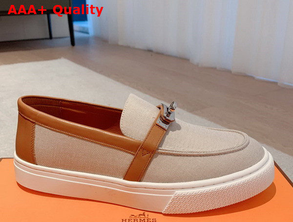 Hermes Game Slip On Sneaker Beige and Tan Canvas and Calfskin Replica