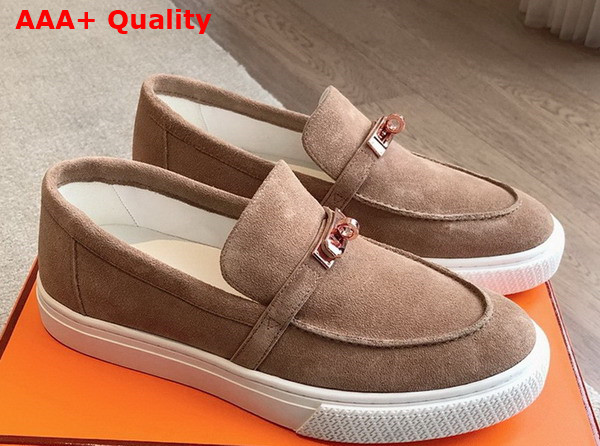 Hermes Game Slip On Sneaker in Beige Sable Suede Goatskin with Functional Rose Gold Plated Kelly Buckle Replica