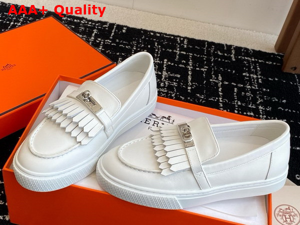 Hermes Game Slip On Sneaker in Blanc Calfskin with Functional Kelly Buckle Replica