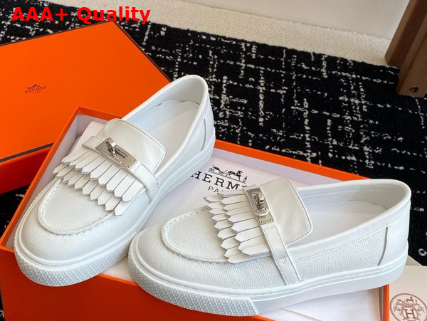 Hermes Game Slip On Sneaker in Blanc Epsom Calfskin and Fringed Calfskin Replica