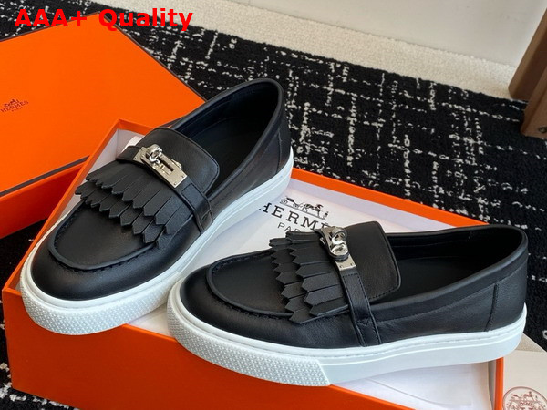 Hermes Game Slip On Sneaker in Noir Calfskin with Functional Kelly Buckle Replica