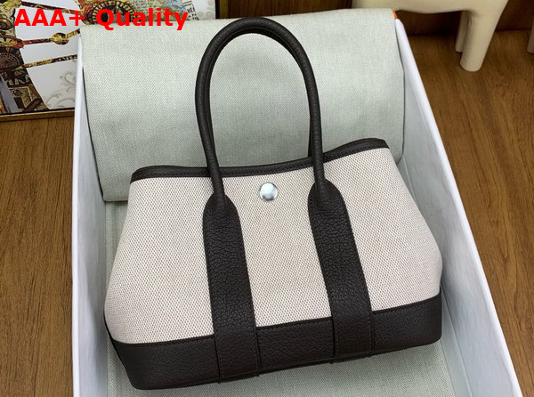 Hermes Garden Party 23cm Bag in Natural Canvas and Chocolate Calfskin Replica