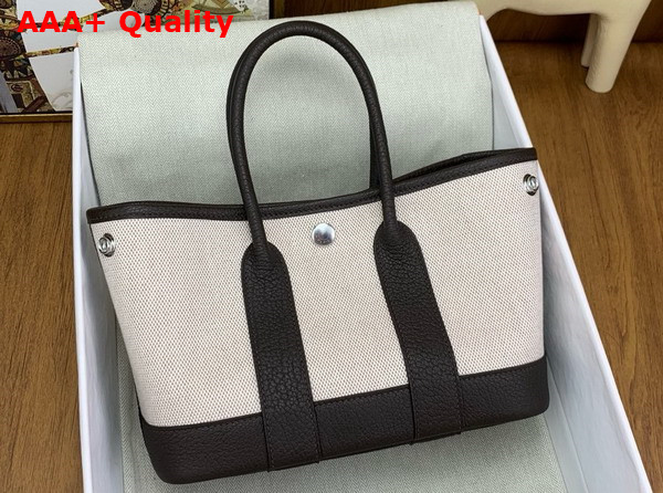 Hermes Garden Party 23cm Bag in Natural Canvas and Chocolate Calfskin Replica