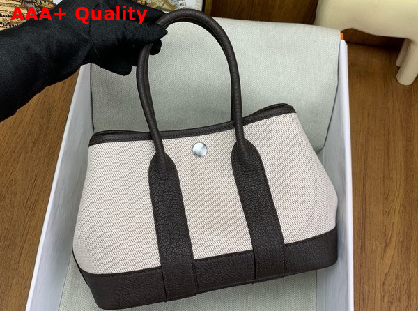 Hermes Garden Party 23cm Bag in Natural Canvas and Chocolate Calfskin Replica