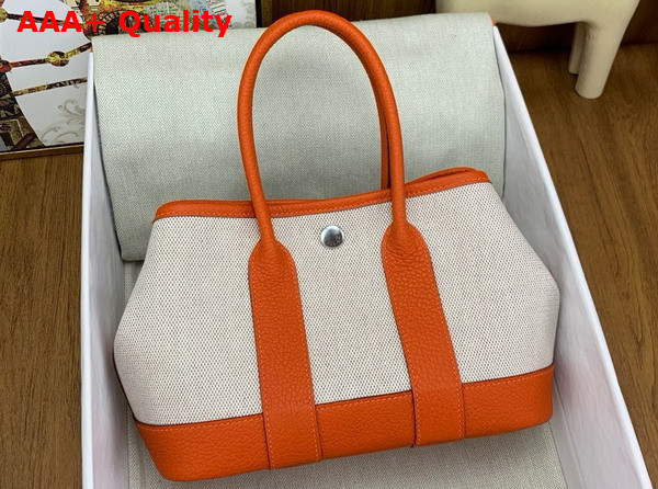 Hermes Garden Party 23cm Bag in Natural Canvas and Orange Calfskin Replica
