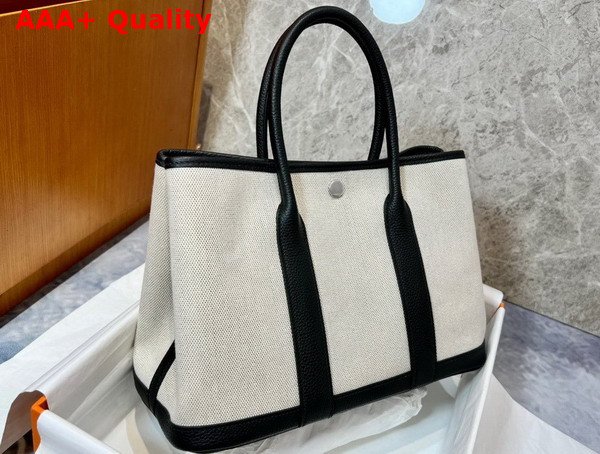 Hermes Garden Party 30 Bag in Natural Canvas and Black Taurillon Clemence Leather Replica