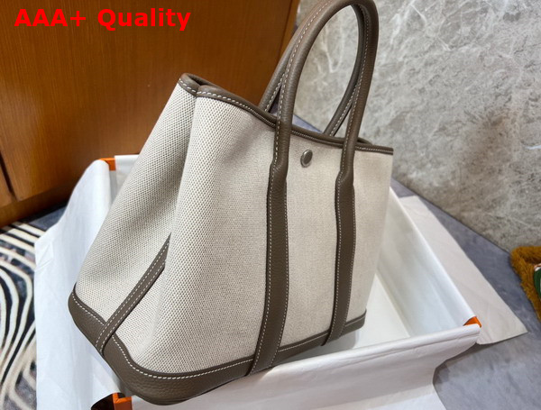 Hermes Garden Party 30 Bag in Natural Canvas and Elephant Gray Taurillon Clemence Leather Replica