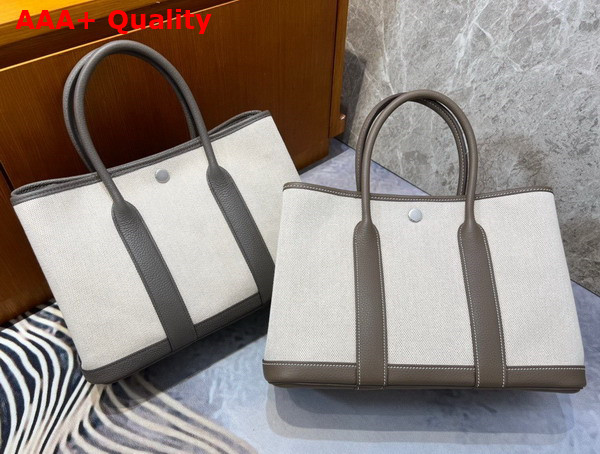 Hermes Garden Party 30 Bag in Natural Canvas and Elephant Gray Taurillon Clemence Leather Replica