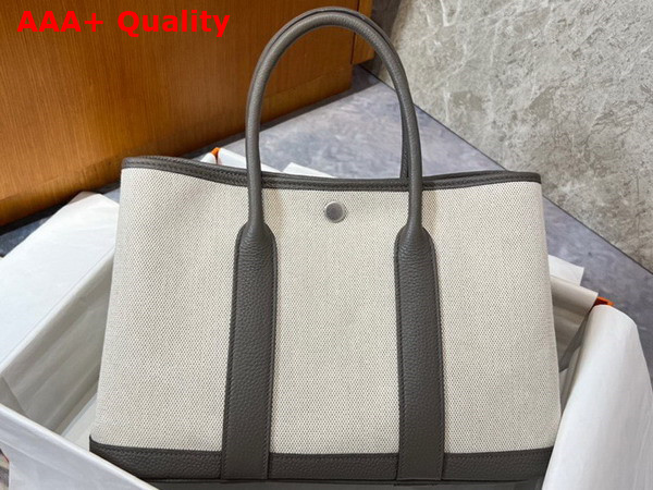Hermes Garden Party 30 Bag in Natural Canvas and Gray Taurillon Clemence Leather Replica