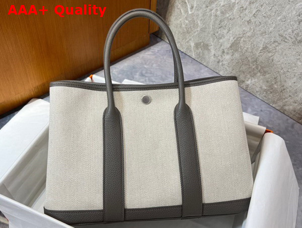 Hermes Garden Party 30 Bag in Natural Canvas and Gray Taurillon Clemence Leather Replica