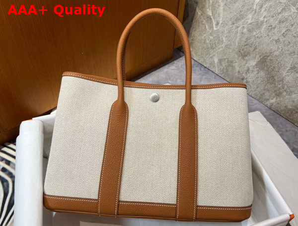 Hermes Garden Party 30 Bag in Natural Canvas and Tan Taurillon Clemence Leather Replica