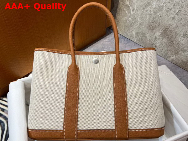Hermes Garden Party 30 Bag in Natural Canvas and Tan Taurillon Clemence Leather Replica