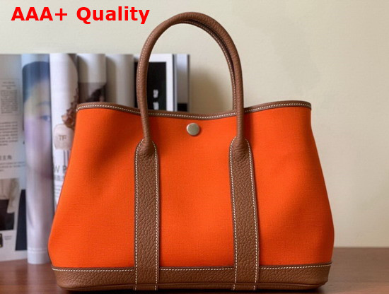 Hermes Garden Party 30 Bag in Orange Canvas and Tan Leather Replica