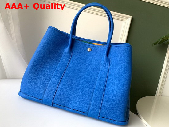 Hermes Garden Party 36 Bag in Bright Blue Country Cowhide with Printed Chevron Canvas Lining Hand Stitching Replica
