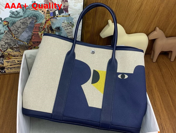 Hermes Garden Party 36 Bag in H Plume Canvas with Teddy H Motif and Negonda Calfskin Replica