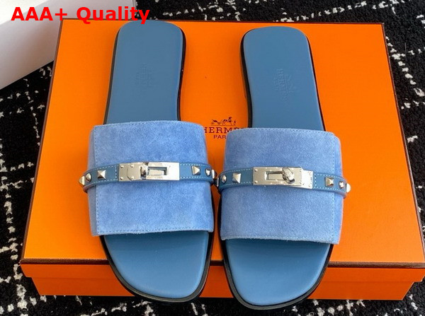 Hermes Giulia Sandal in Blue Suede Goatskin with Medor Studs Replica