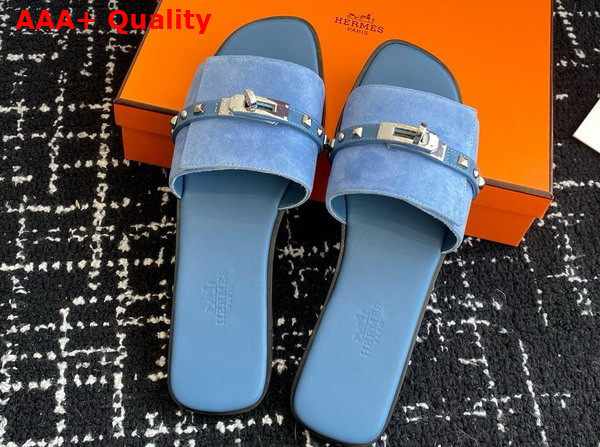 Hermes Giulia Sandal in Blue Suede Goatskin with Medor Studs Replica