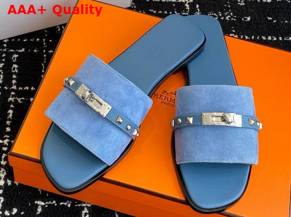 Hermes Giulia Sandal in Blue Suede Goatskin with Medor Studs Replica