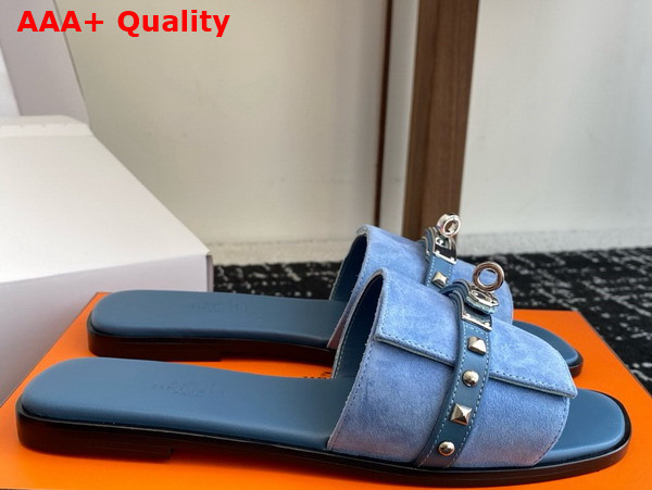 Hermes Giulia Sandal in Blue Suede Goatskin with Medor Studs Replica
