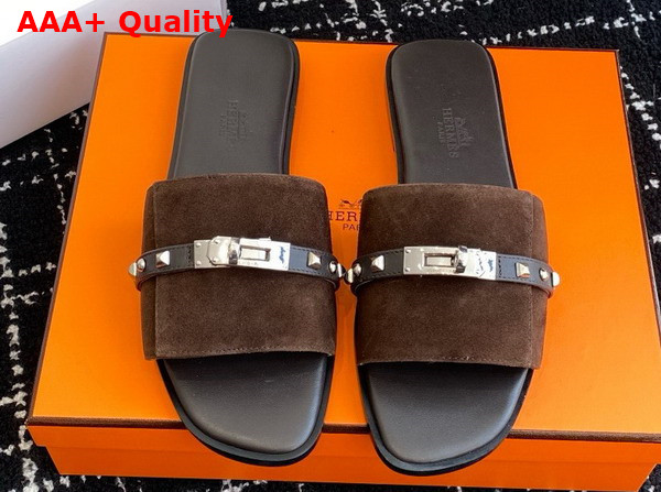 Hermes Giulia Sandal in Cocoa Brown Suede Goatskin with Medor Studs Replica