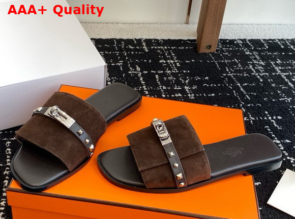 Hermes Giulia Sandal in Cocoa Brown Suede Goatskin with Medor Studs Replica