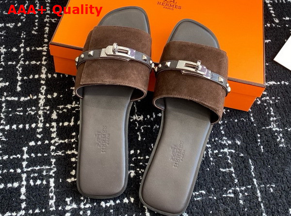 Hermes Giulia Sandal in Cocoa Brown Suede Goatskin with Medor Studs Replica