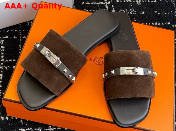 Hermes Giulia Sandal in Cocoa Brown Suede Goatskin with Medor Studs Replica