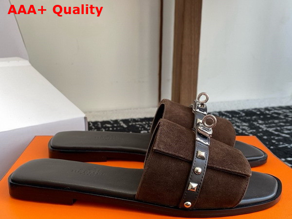 Hermes Giulia Sandal in Cocoa Brown Suede Goatskin with Medor Studs Replica