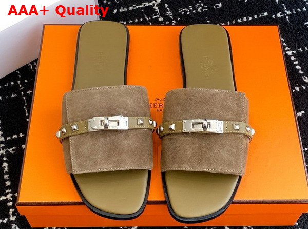 Hermes Giulia Sandal in Khaki Suede Goatskin with Medor Studs Replica