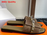 Hermes Giulia Sandal in Khaki Suede Goatskin with Medor Studs Replica