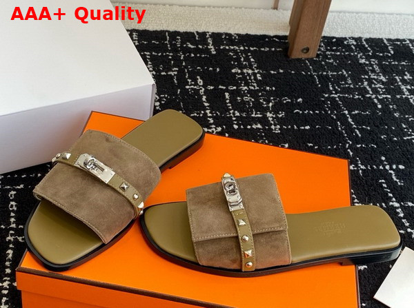 Hermes Giulia Sandal in Khaki Suede Goatskin with Medor Studs Replica