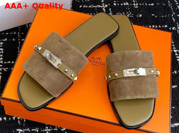 Hermes Giulia Sandal in Khaki Suede Goatskin with Medor Studs Replica