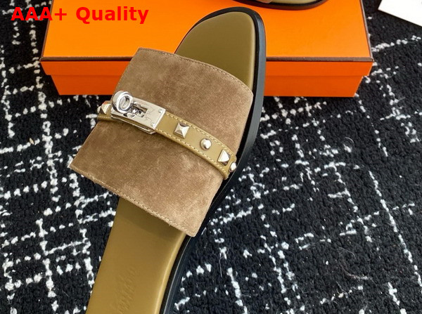 Hermes Giulia Sandal in Khaki Suede Goatskin with Medor Studs Replica