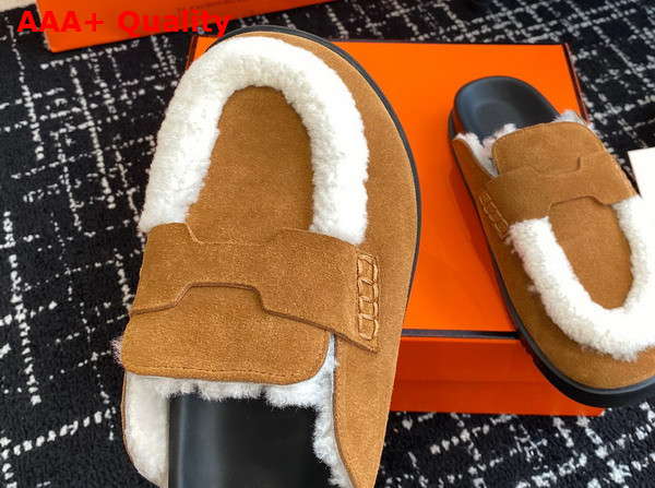 Hermes Go Mule Beige Kraft Ecru Suede Goatskin and Shearling with Iconic H Cut Out Details Replica