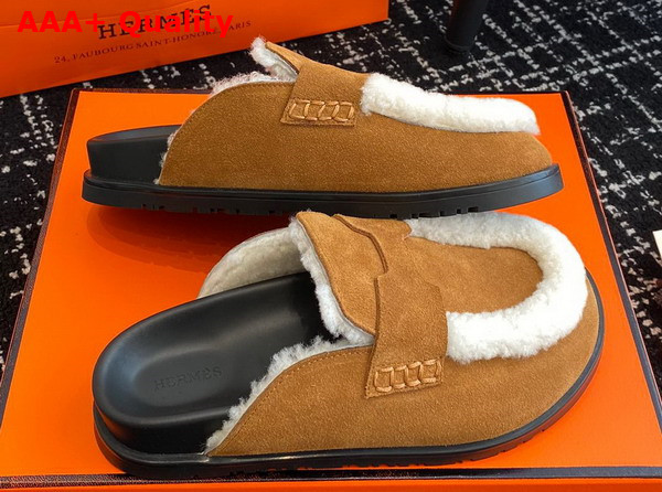 Hermes Go Mule Beige Kraft Ecru Suede Goatskin and Shearling with Iconic H Cut Out Details Replica