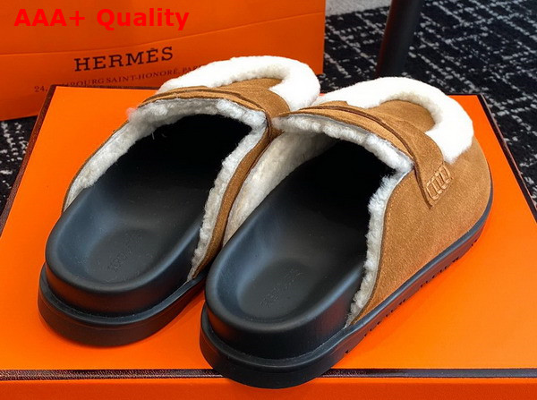 Hermes Go Mule Beige Kraft Ecru Suede Goatskin and Shearling with Iconic H Cut Out Details Replica