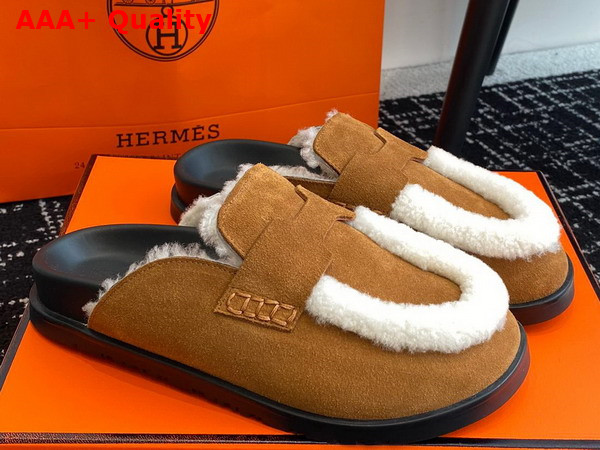 Hermes Go Mule Beige Kraft Ecru Suede Goatskin and Shearling with Iconic H Cut Out Details Replica