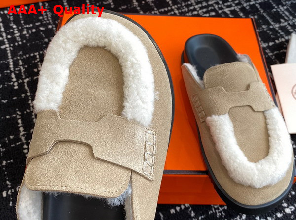 Hermes Go Mule in Beige Suede Goatskin and Shearling with Iconic H Cut Out Details Replica