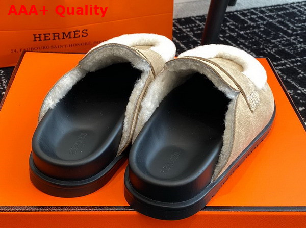 Hermes Go Mule in Beige Suede Goatskin and Shearling with Iconic H Cut Out Details Replica