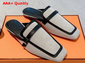 Hermes Groupie Mule in Beige Canvas and Black Calfskin Trim Replica