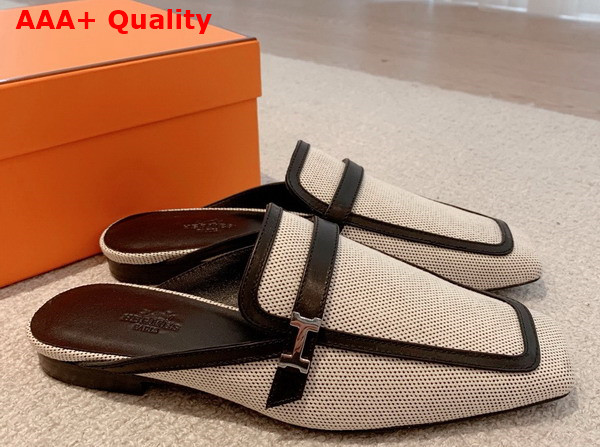 Hermes Groupie Mule in Beige Canvas and Black Calfskin Trim Replica
