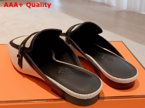 Hermes Groupie Mule in Beige Canvas and Black Calfskin Trim Replica