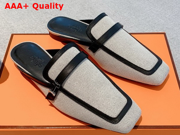 Hermes Groupie Mule in Beige Canvas and Black Calfskin Trim Replica