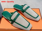 Hermes Groupie Mule in Beige Canvas and Green Calfskin Trim Replica
